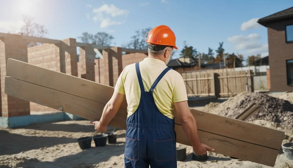 Chantier de construction extérieur avec ouvrier barbu portant casque orange et salopette bleue transportant des planches de bois
