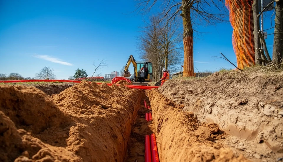 Chantier de construction en extérieur avec tranchée creusée dans terre argileuse orange