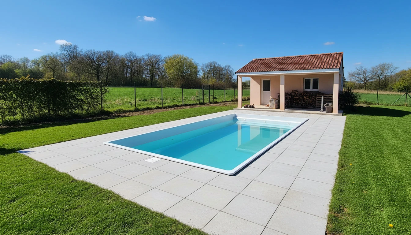 Une nouvelle piscine rectangulaire aux contours de béton tan dans la cour clôturée d'une nouvelle maison de construction