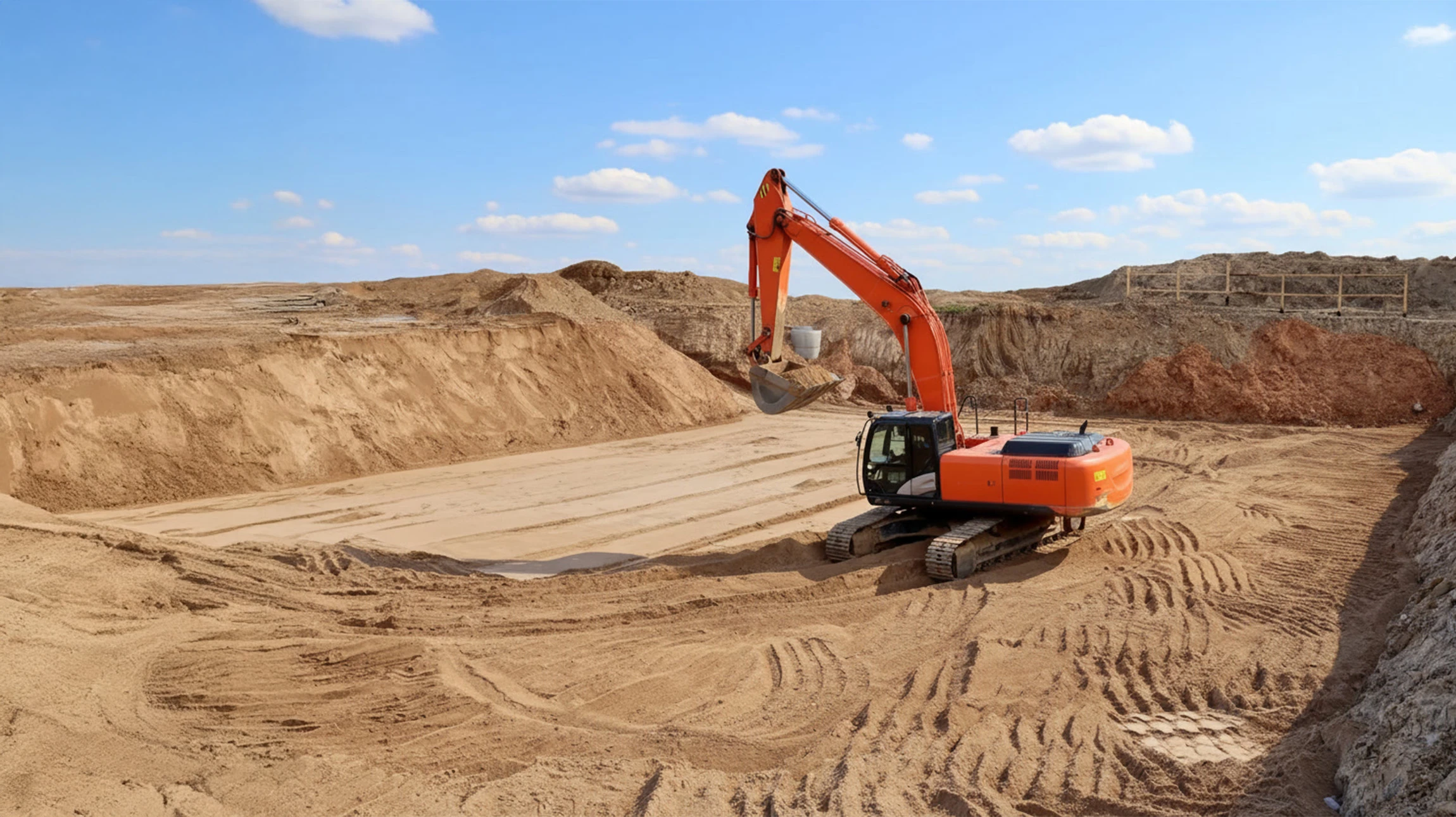 Chantier de terrassement en extérieur au coucher du soleil avec pelleteuse hydraulique sur chenilles rouge et noire en activité