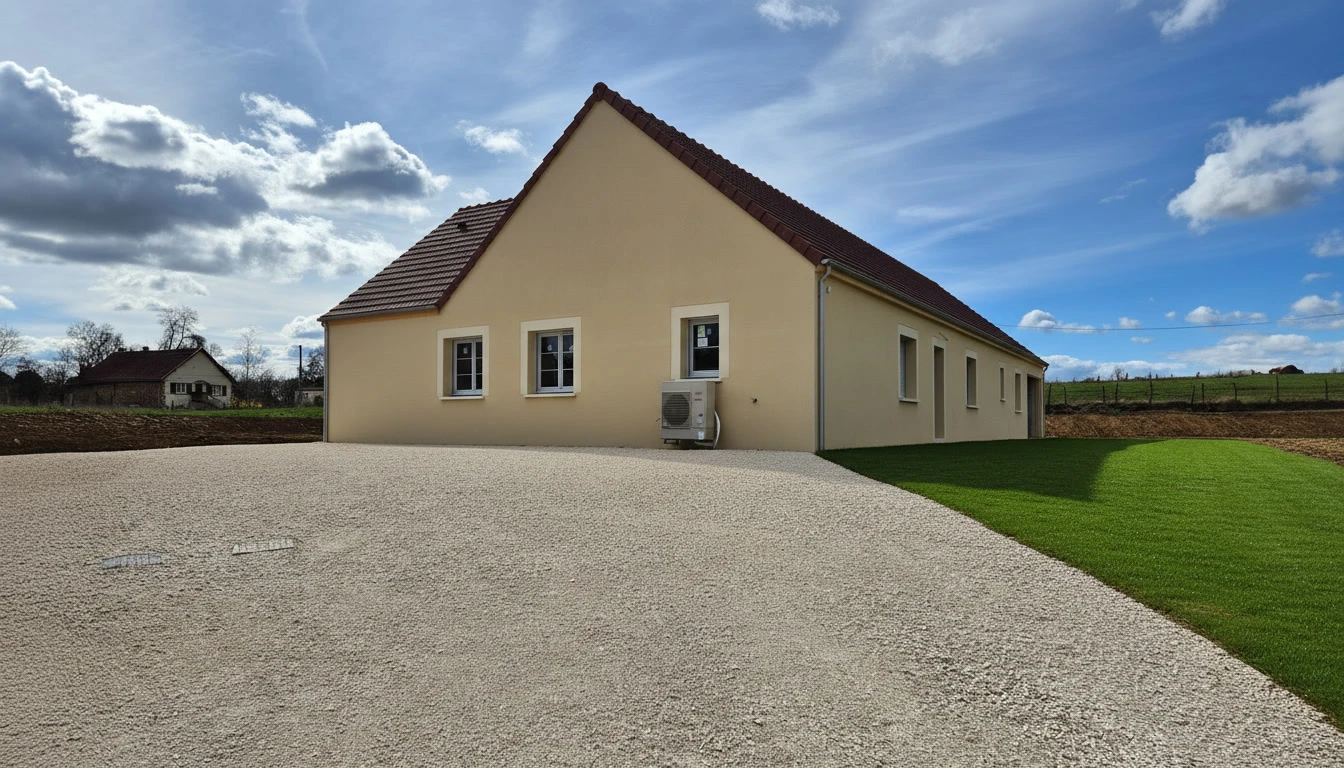 Chantier de terrassement en extérieur avec chargeuse sur pneus jaune et orange en activité