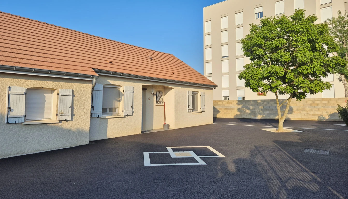 Façade résidentielle avec jardin paysager soigneusement entretenu