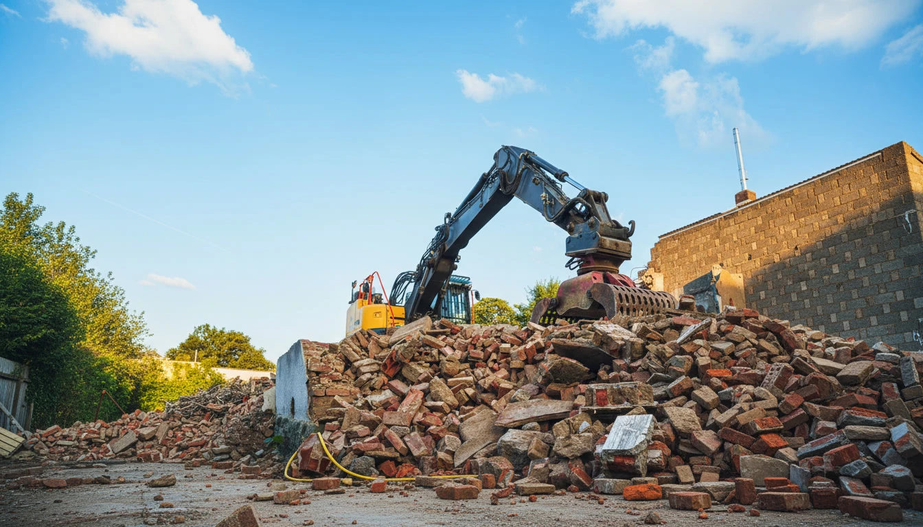 Une mini pelle enlève les débris pendant l'aménagement paysager