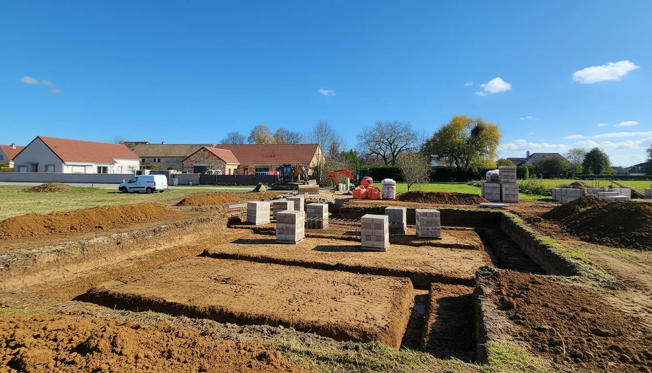 Chantier de construction d'un viaduc autoroutier en cours, vue aérienne montrant une structure en béton armé partiellement achevée