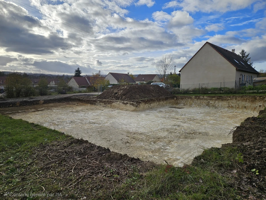 Chantier de terrassement en cours dans un jardin résidentiel avec excavation rectangulaire profonde
