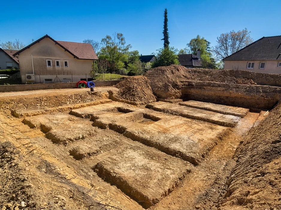 Chantier de construction d'une terrasse en cours dans un jardin résidentiel